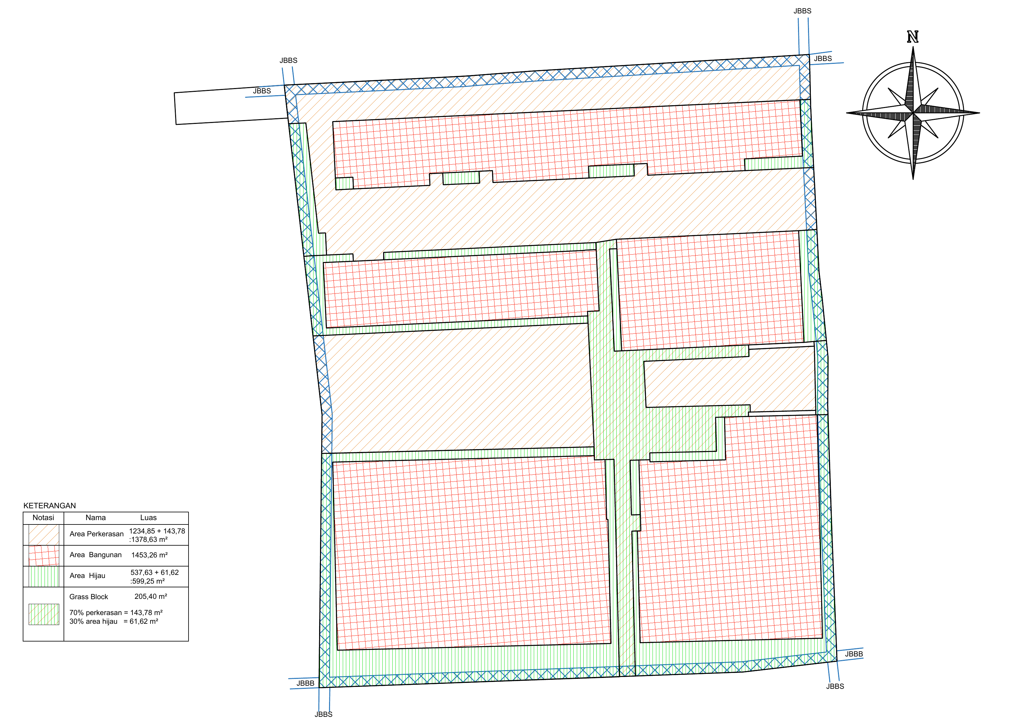 Anonymized block plan showing property geometry, building footprints, hardscape, green areas, and north orientation for a multi-building property in South Kuta.
