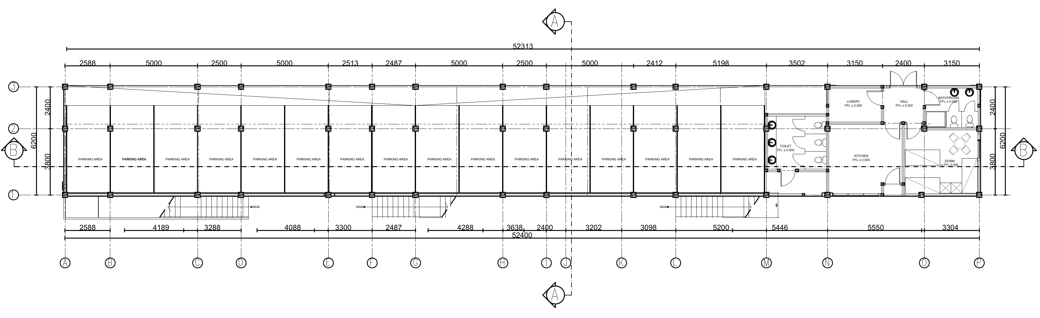 Selected anonymized Block A ground-floor plan with parking, service rooms, circulation, dimensions, grids, and section markers.