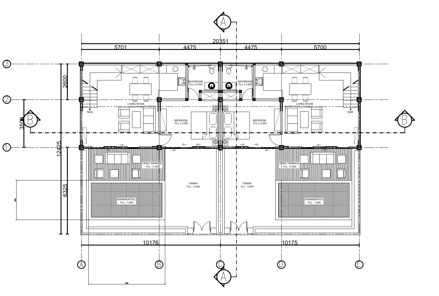 Selected anonymized Block C ground-floor plan showing paired living and bedroom arrangements, terraces, pools, dimensions, and section markers.