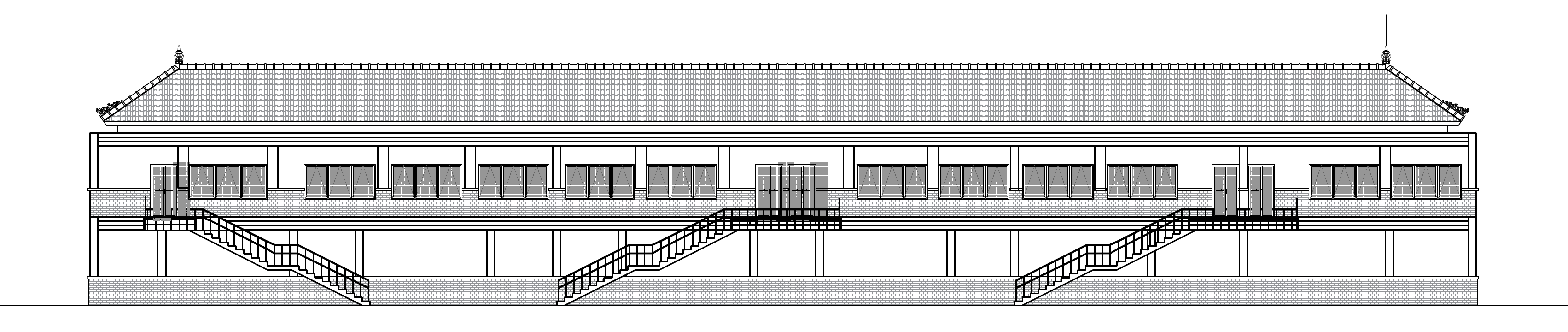 Anonymized Block A front elevation showing the long facade, openings, external stairs, and roof profile.