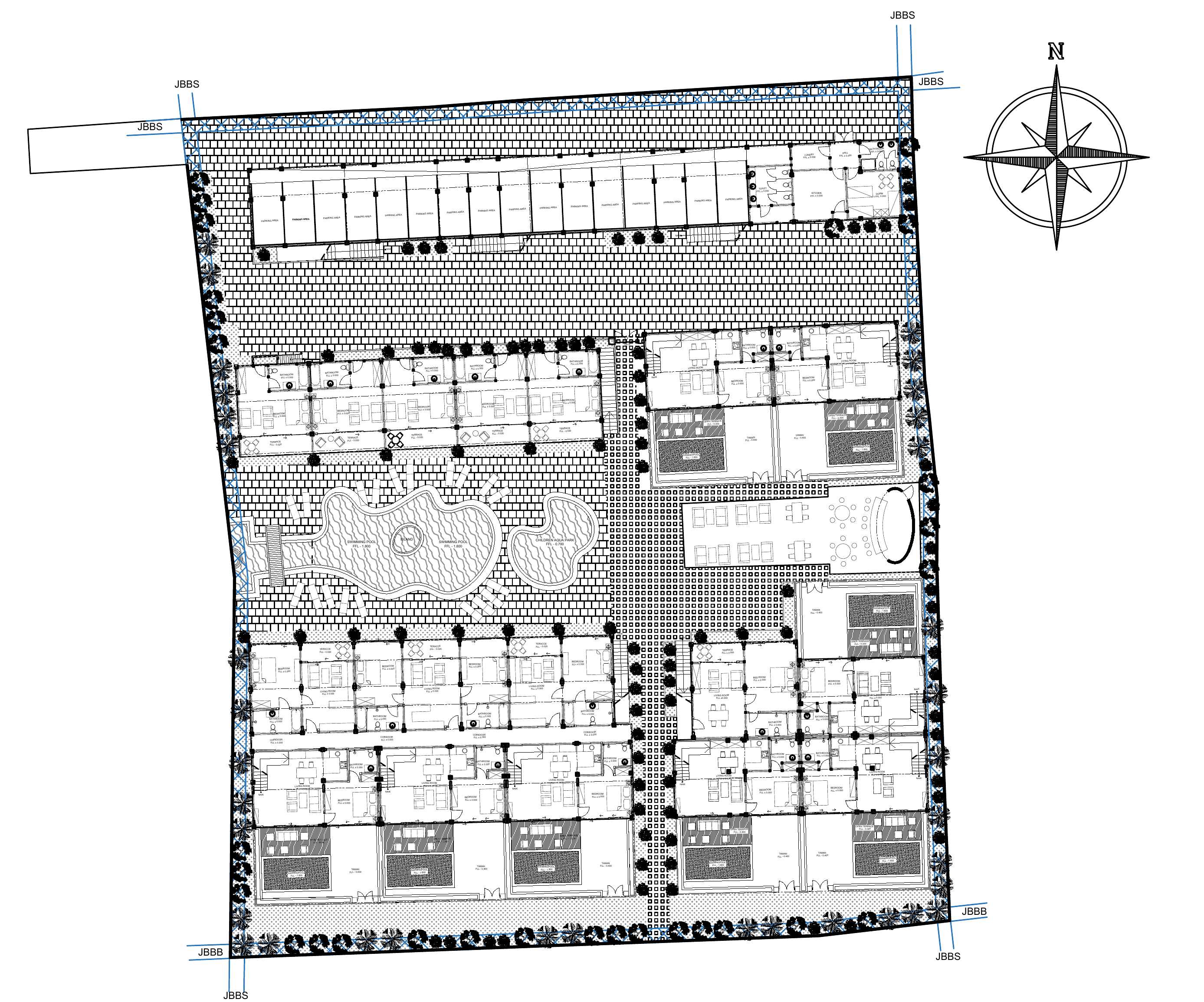 Anonymized layout plan showing bedrooms, living spaces, terraces, circulation, and swimming-pool areas.