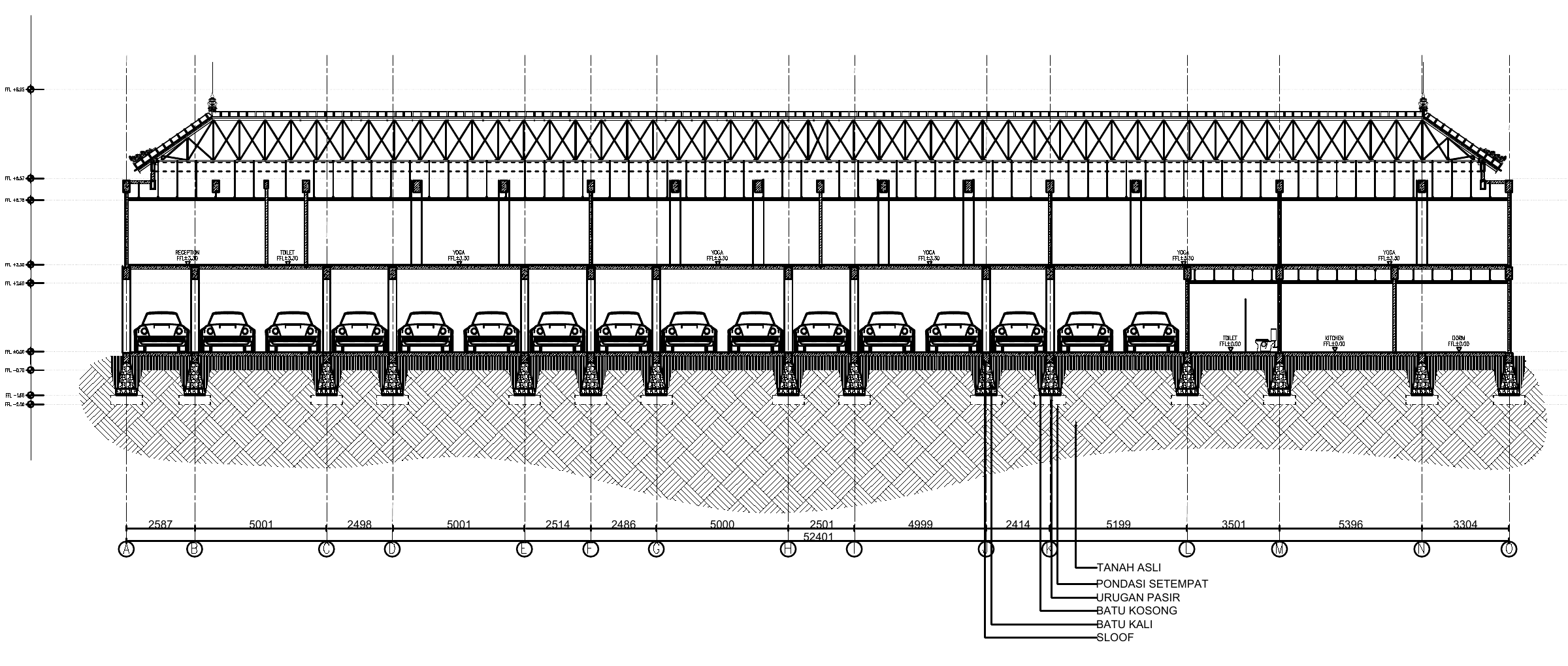 Anonymized Block A longitudinal Section B–B showing parking, floors, roof geometry, foundations, grids, dimensions, and annotations.