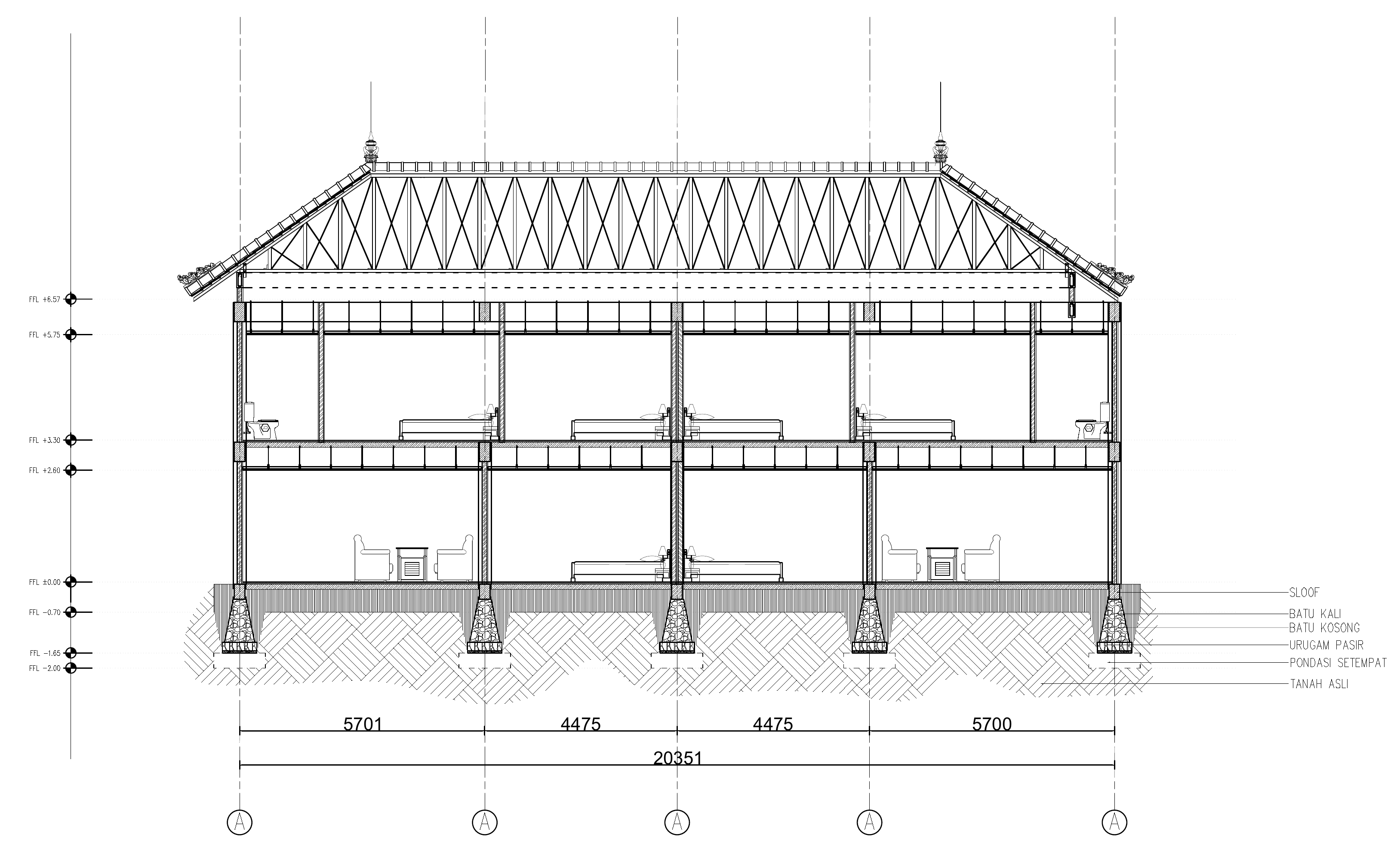 Anonymized Block C Section B–B showing two-storey room relationships, roof geometry, levels, primary dimensions, and foundation annotations.