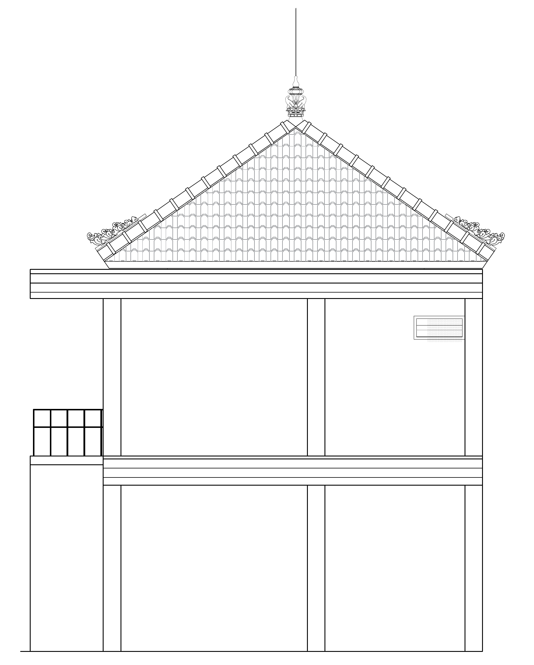 Anonymized Block A side elevation showing the roof profile, opening, railing, and two-storey facade proportions.