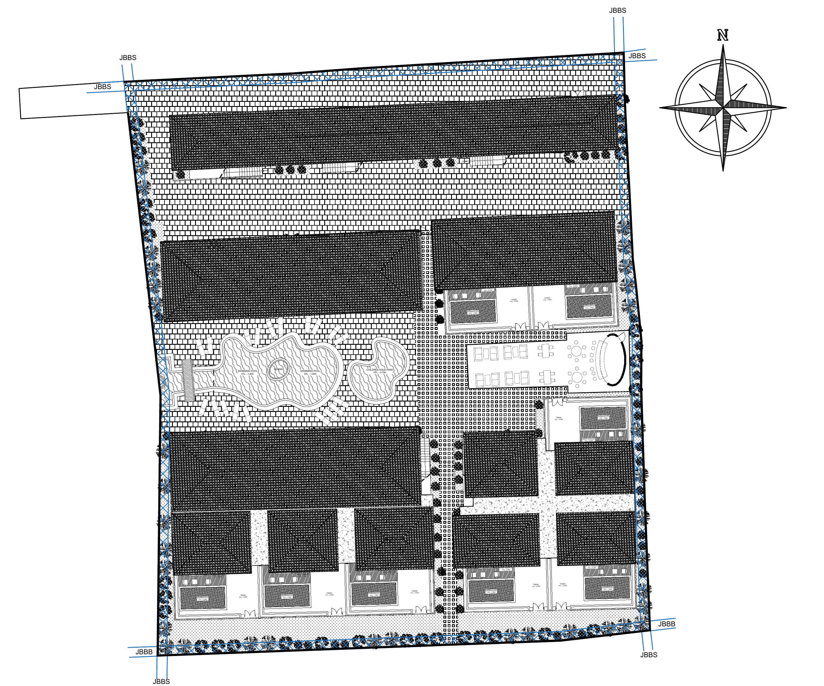 Anonymized site plan showing roof footprints, circulation, swimming pools, and landscape relationships across the property.
