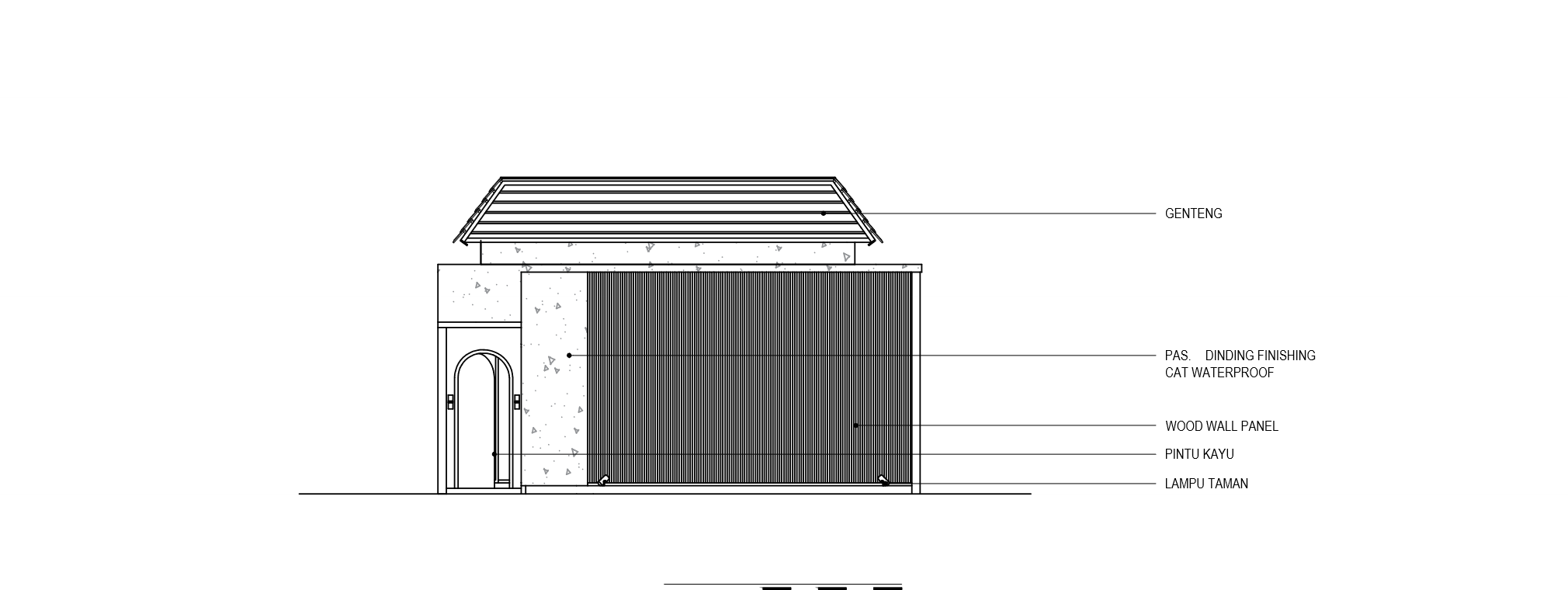 Anonymized architectural elevation excerpt showing facade geometry, roof form, and material notation.