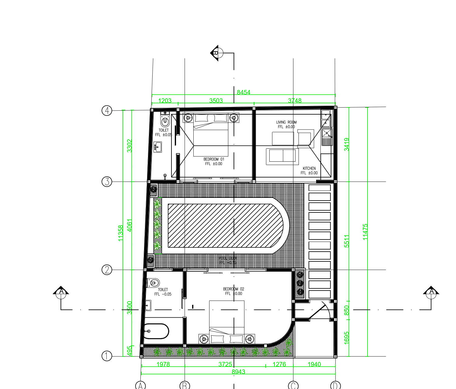 Anonymized architectural floor-plan excerpt showing room layout, dimensions, grid lines, and technical notation.