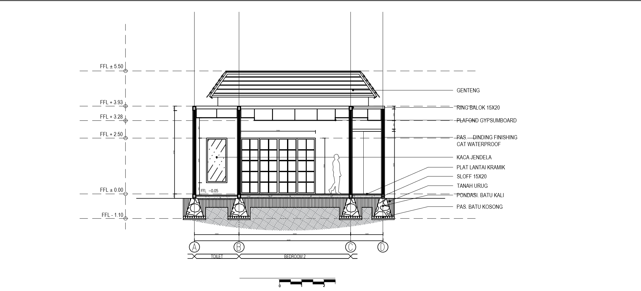 Anonymized building-section excerpt showing level notation, roof and floor relationships, foundations, and material annotations.