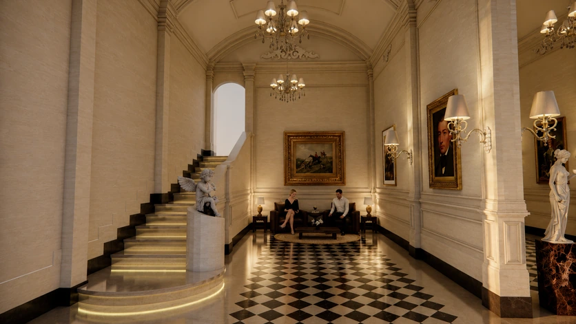 Visualisasi interior Semi Museum dengan tangga, patung, lukisan, dan tempat duduk.