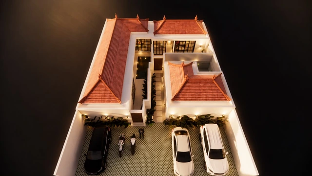 Visualisasi Villa Kris dari sudut tinggi yang memperlihatkan atap, halaman, dan parkir.