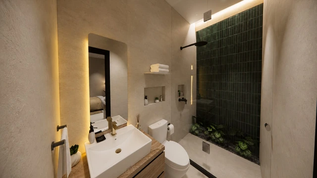 Visualisasi kamar mandi Villa Kris yang menampilkan wastafel, toilet, dan shower.