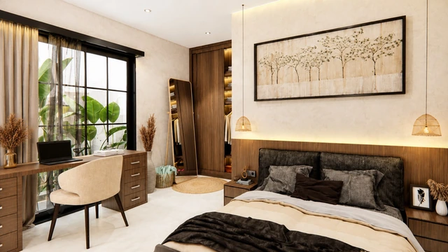 Visualisasi kamar tidur Villa Kris dengan tempat tidur, meja, dan tanaman di jendela.