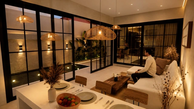 Visualisasi ruang keluarga dan makan Villa Kris menghadap bukaan kaca ke halaman.