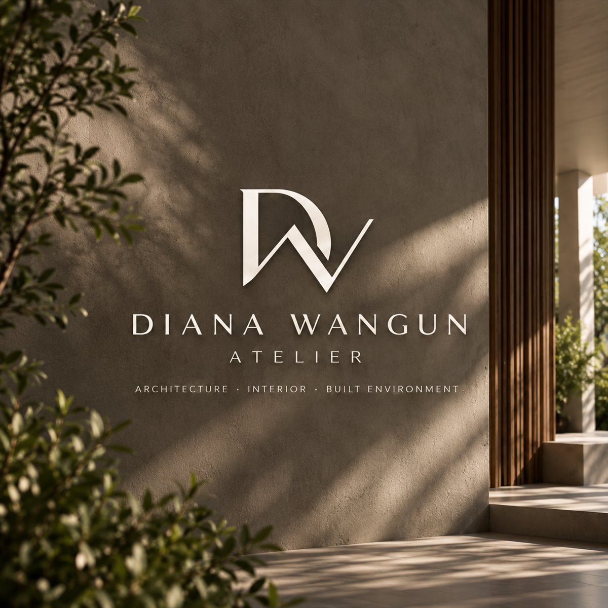 Monogram dan nama Diana Wangun Atelier dalam suasana arsitektural