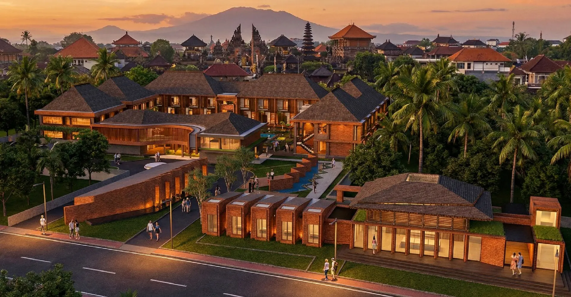 Dusk aerial visualization of Aksara Hotel in Klungkung, Bali