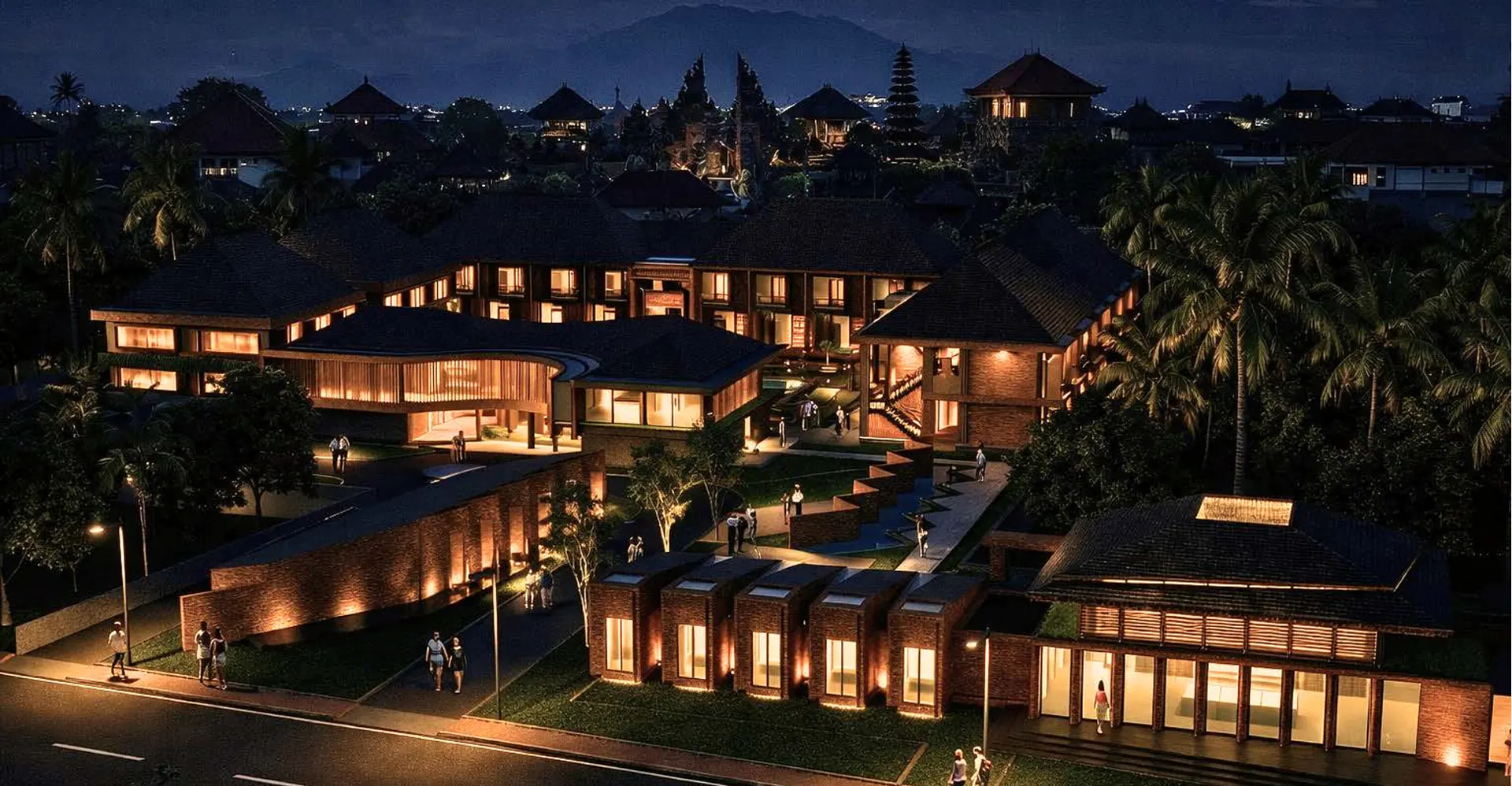 Night aerial visualization of the Aksara Hotel complex