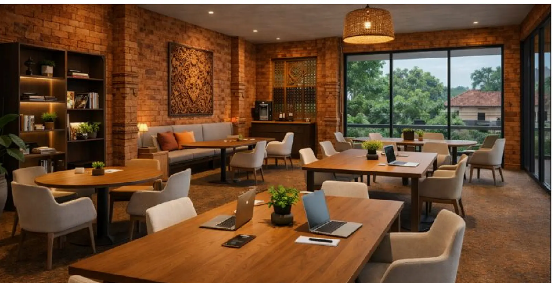 Communal work lounge visualization at Aksara Hotel