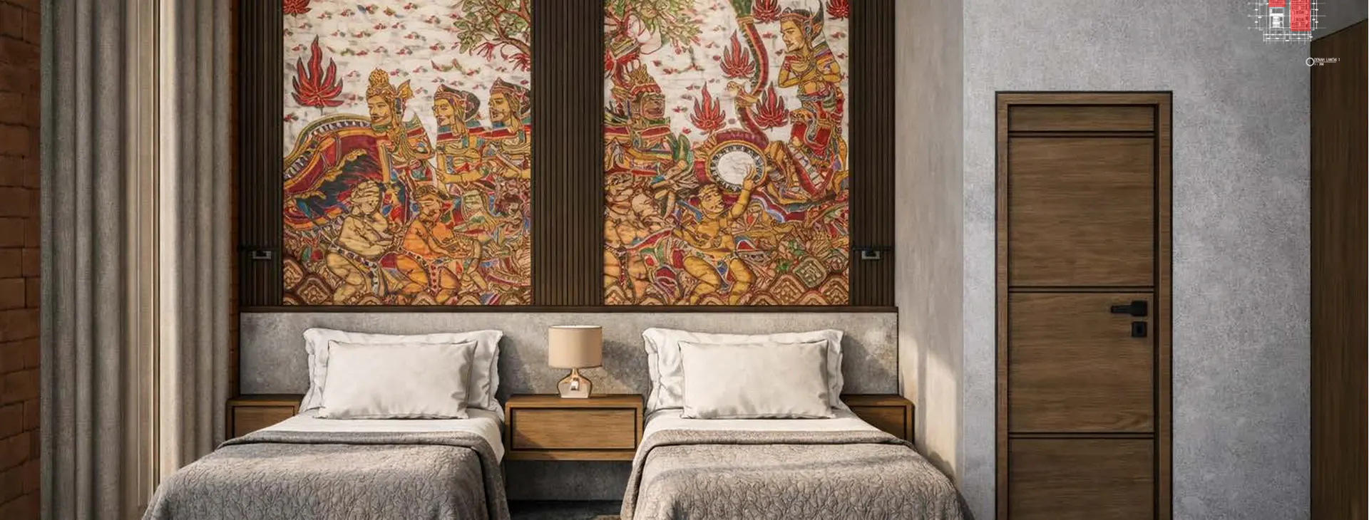 Twin room bedroom visualization at Aksara Hotel