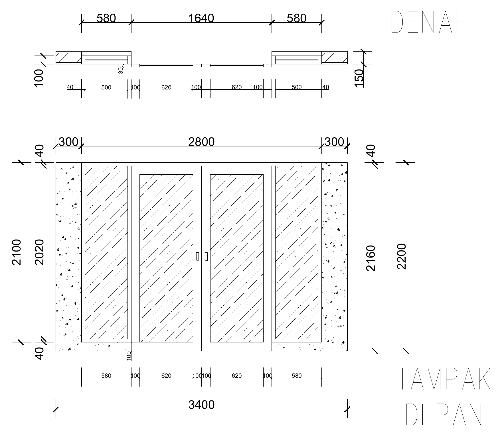 Genuine door plan and front elevation showing central doors, glazed side panels, frame geometry, and original dimensions.