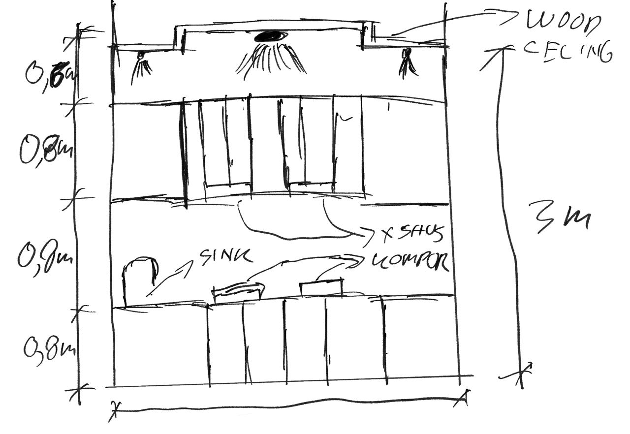 Original hand elevation study showing upper and lower cabinetry, sink, cooking zones, timber ceiling, lighting, and handwritten dimensions.