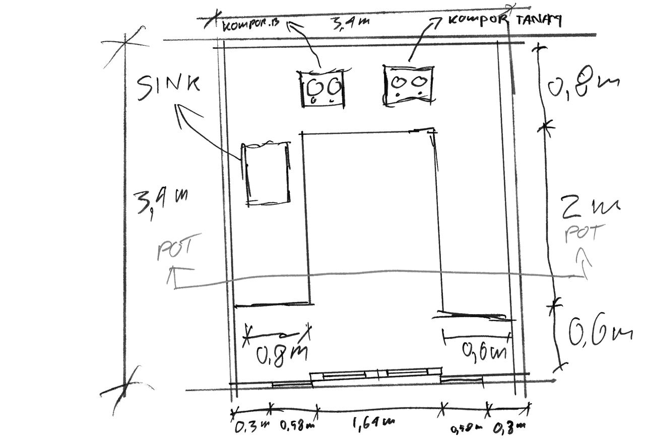 Original hand sketch of a U-shaped kitchen plan with sink, cooking zones, circulation, arrows, and handwritten dimensions.