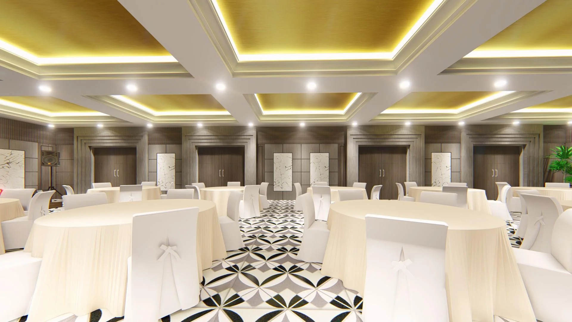 Ballroom render with round banquet tables, patterned flooring, and a recessed illuminated ceiling.