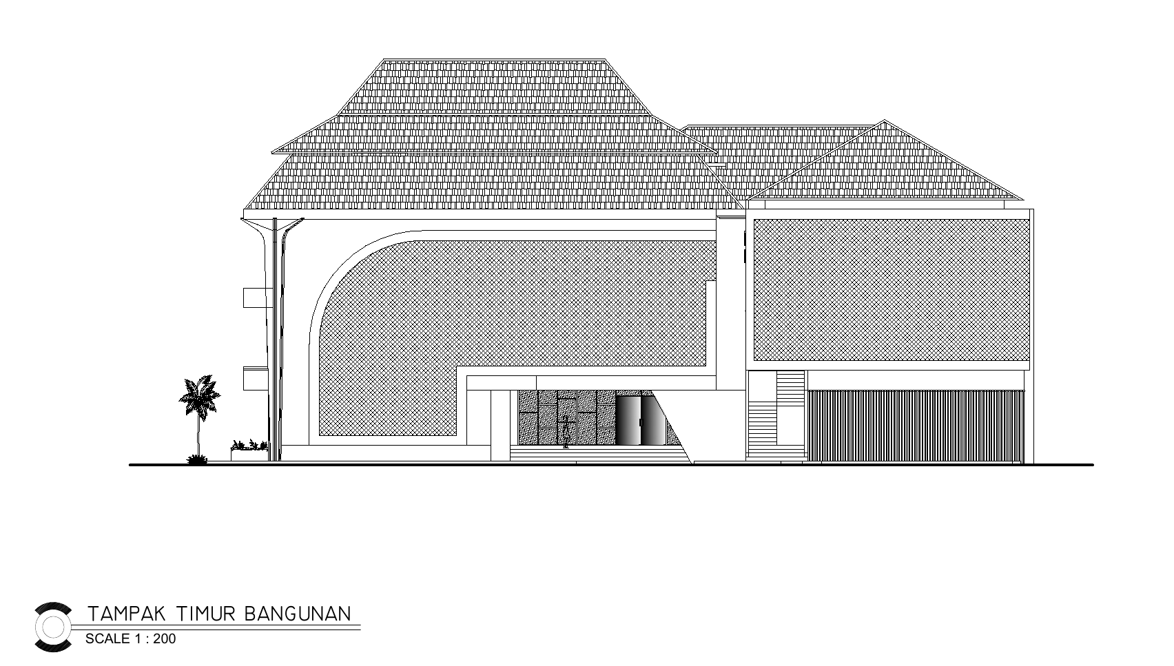 East elevation drawing showing the hotel roof profile, patterned screens, entrance opening, and façade geometry.