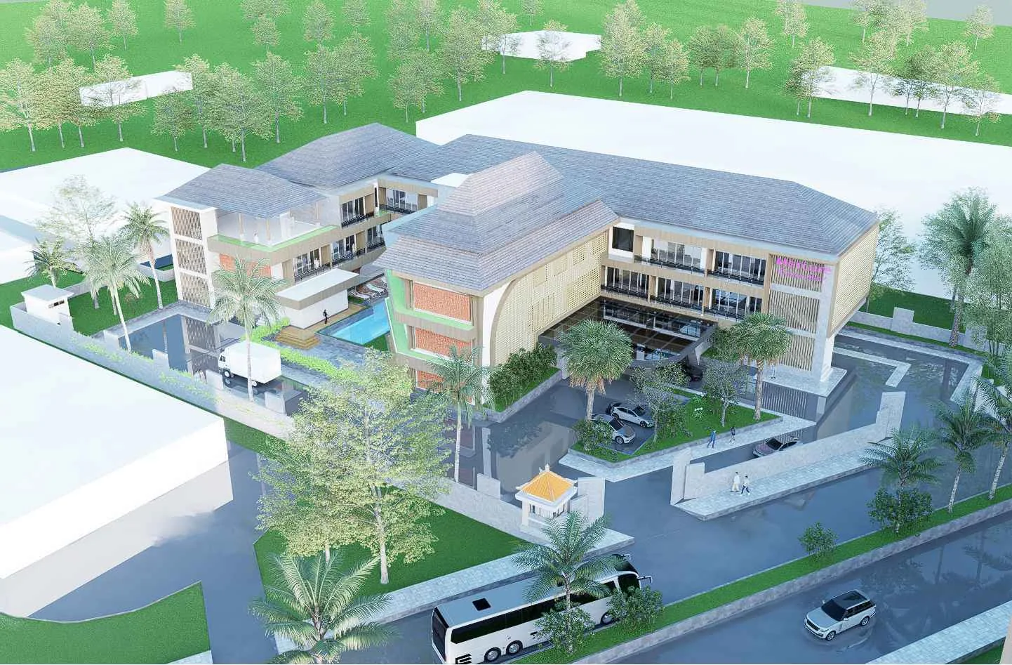 Front aerial perspective showing the hotel massing, pool courtyard, entrance, and surrounding road.