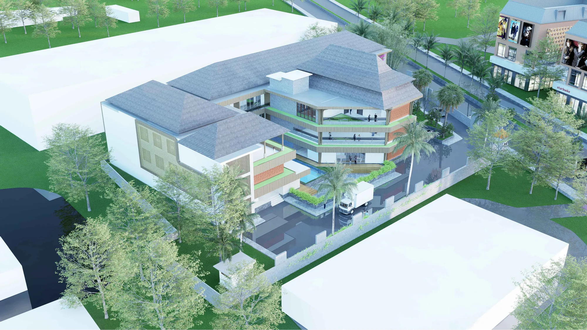 Elevated view of the Kesiman hotel proposal with screened façades, balconies, pitched roofs, and arrival circulation.