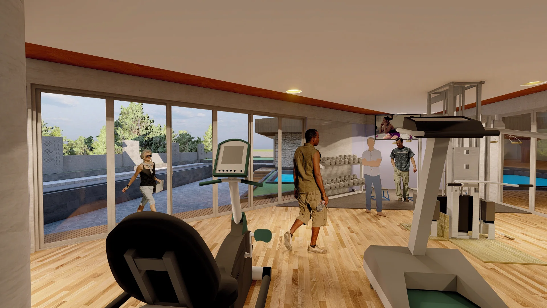 Gym render showing exercise equipment beside glazed openings facing the pool and outdoor area.