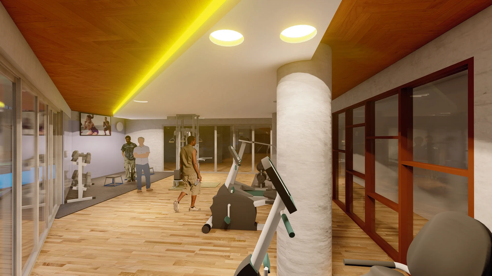 Reverse gym perspective showing exercise equipment, a timber-toned ceiling, and the room entrance.