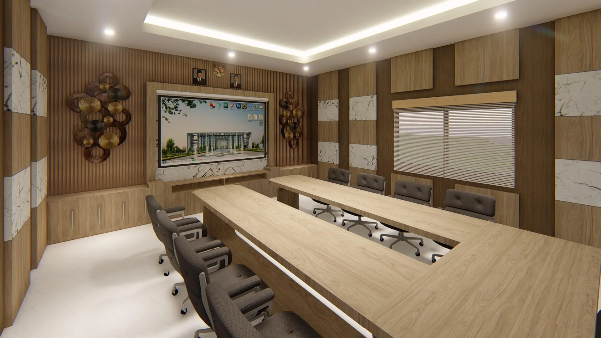 Meeting room render with U-shaped tables, upholstered chairs, timber-toned wall panels, and a display wall.