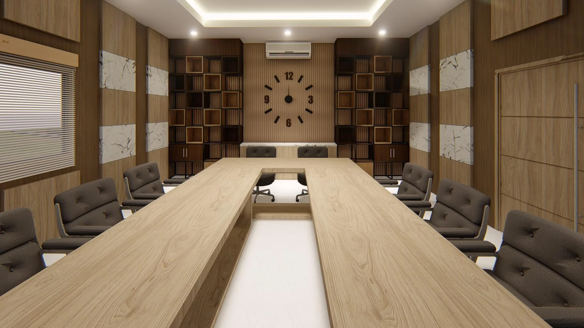Reverse meeting room perspective showing the central table arrangement and a clock on the feature wall.