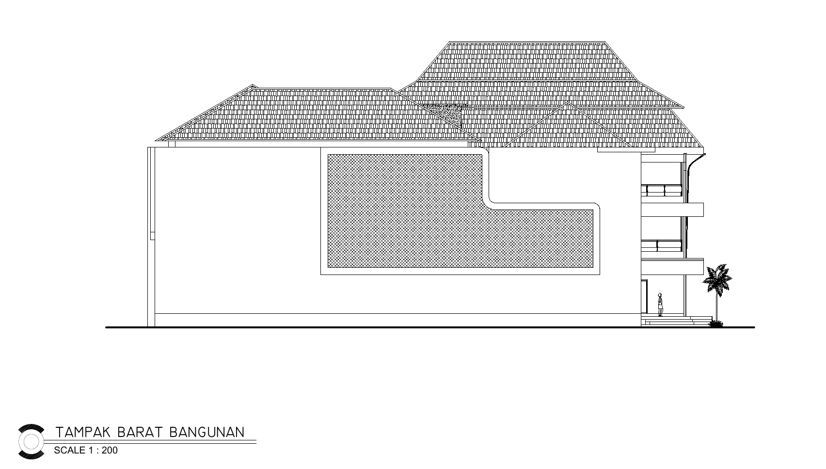 West elevation drawing showing the roof profile, stepped façade screen, and balcony edge.