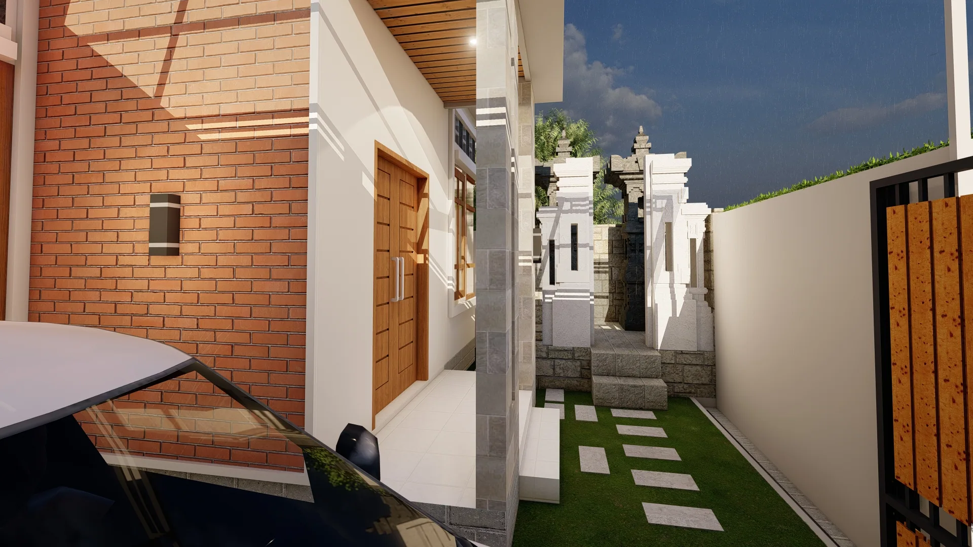 Entrance, carport, and sacred area at the West Denpasar Residence